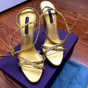 Ralph Lauren Collection “Abrianna” Gold/Gold Nappa high heel sandals.